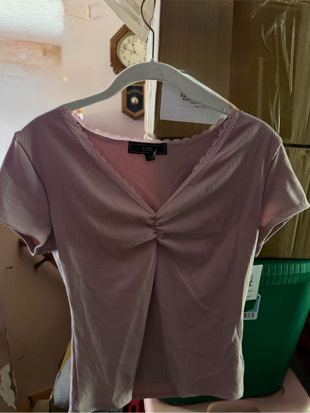 Vibe Light Pink Lace-Trim Ruched V-Neck Tee
